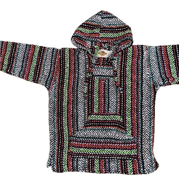 Earth Ragz Baja Mexican Blanket Pullover Poncho Hooded Sweater - Size Small - Picture 5 of 8